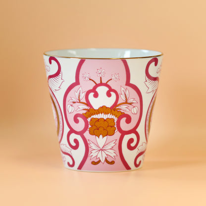 Old Imari floral pattern rock cup, wine red, in a presentation box.